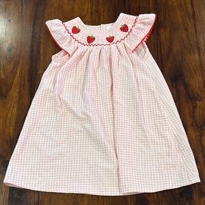 Girls 6 Pink and White Check Strawberry Smocked Dress with Red Ricrac Sleeves